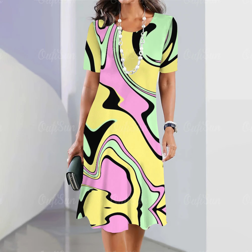 Summer Woman Dresses Womens Round Neck Short Sleeves Clothing Irregularly Streak Print Dress Clothing Loose Pullover Streetwear 240824