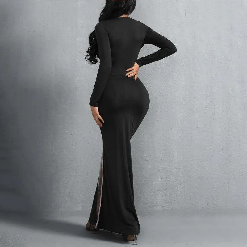 Summer Women Maxi Dress Mesh Stitching Sexy Dress Knitted Long Sleeve Round Neck Slim High Street Party Y2K Attirewear 240823