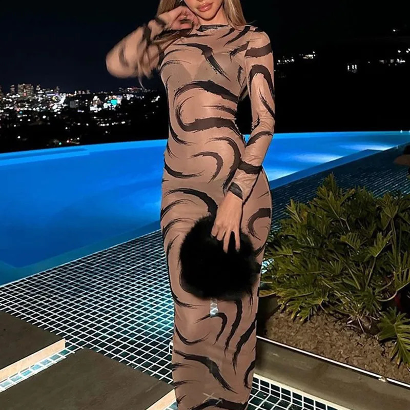 Women Summer Leopard Print Mesh Dress Streetwear Gauze Sexy O-neck Long Sleeve See-through Slim Holiday Party Dresses 240823