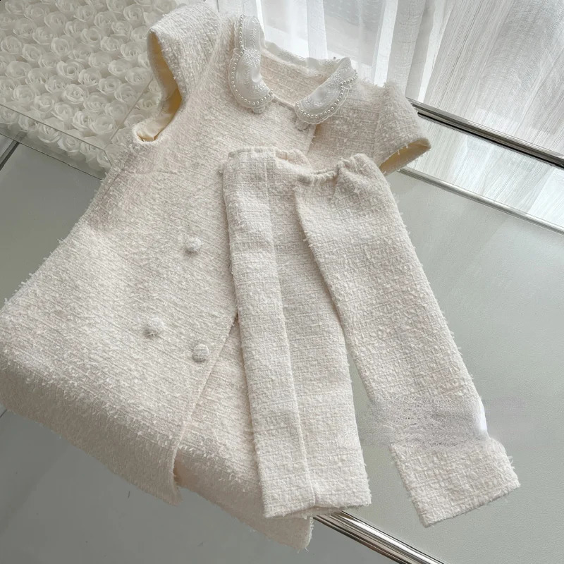 Doll Collar Small Fragrance Sweet White Dress Female Autumn Winter Puff Long Sleeve Detachable Green Plaid Women Tweed Dress 240824