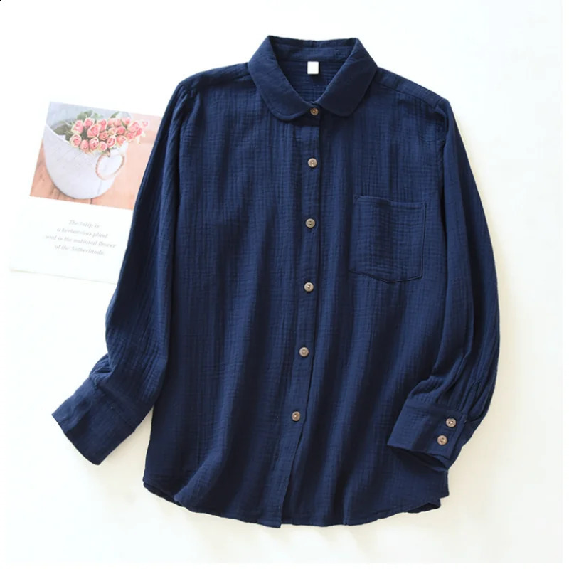 Retro 100 Cotton Shirt Blouses For Women Fashion Casual Turn Down Collar Long Sleeve Top Blusas Mujer Gratis 240823