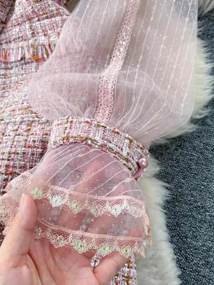 Sweet s Small Fragrance Mesh Stitching Taasels Tweed Dress Womens Stand Long Petal Sleeve Bow Beading Chic Short Vestidos 240824