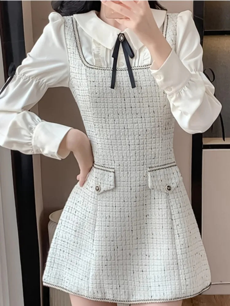 Elegant Patchwork Short Dresses for Women Vintage Long Sleeve Tweed Birthday Party Evening Dresses Korean Autumn Female Vestidos 240824
