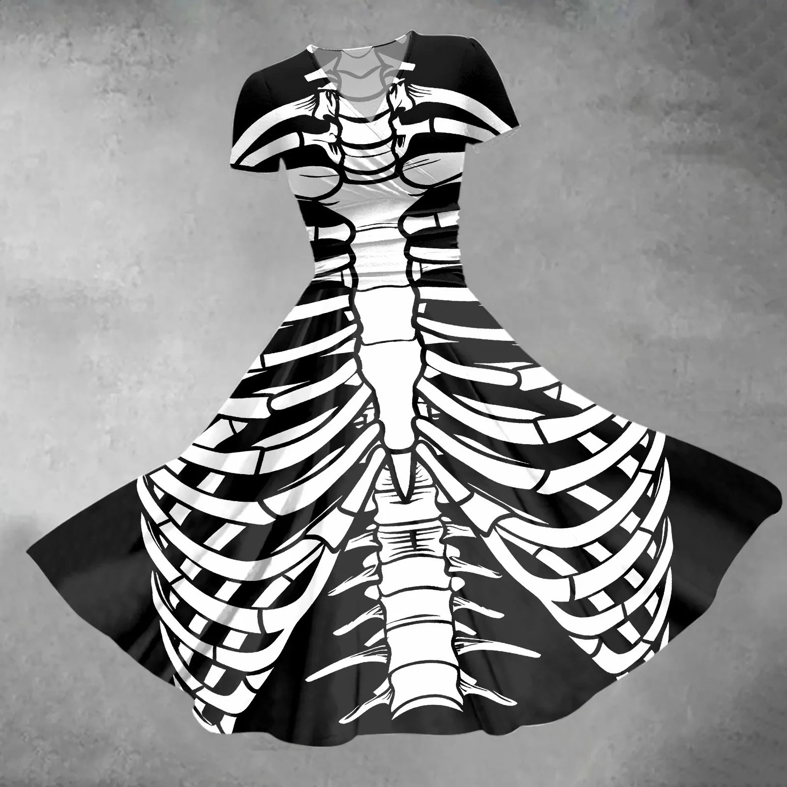 Womens Halloween dress with horror theme skull print Vneck unique short sleeved long skirt and large swing Aline costume w240824