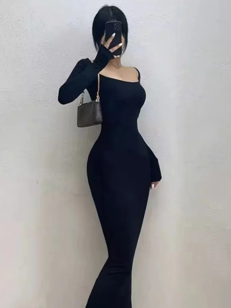 Ribbed Solid Long Sleeve Square Neck Skinny Mid Length Dress Black Fall Sexy Evening Party Elegant Vestido Ladies Long Dresses 240823