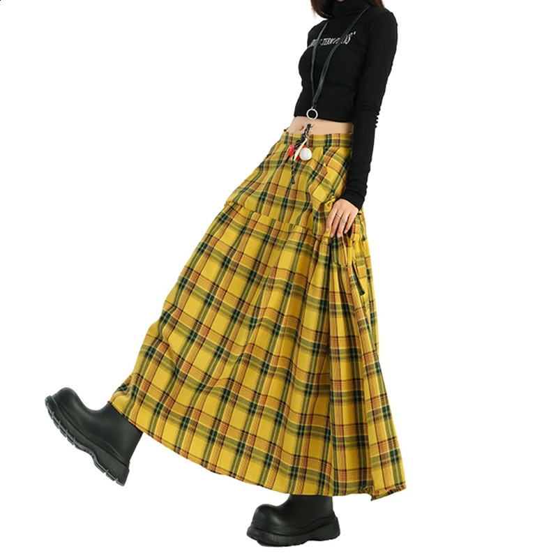 Womens Yellow Plaid A-line Skirt Vintage 90s Aesthetic Y2k Long Skirt Harajuku Korean Skirts 2000s Fashion Clothes Summer 240823