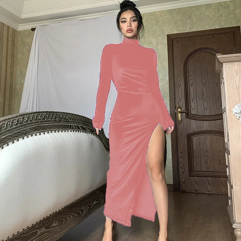Womens autumn and winter style high-necked long-sleeved velvet dress slim pleated slit dress 240823