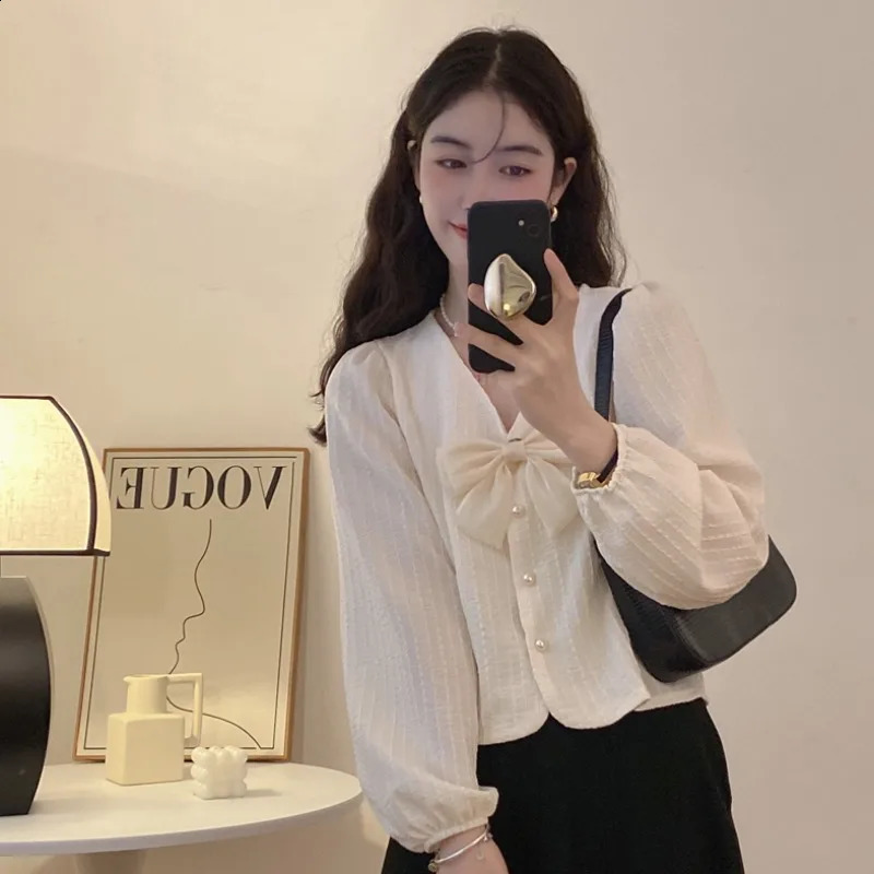 French Style Shirts Women V-neck Bow Long Sleeve Loose Solid Sweet Clothing Spring Autumn n Casual Commuting Fashion 240823