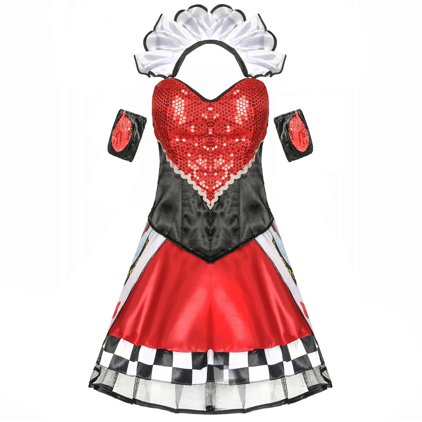 Halloween Purim Party Alices Adventures in Wonderland Heart Queen Role Playing Costume Red Poker Girl Makeup w240824