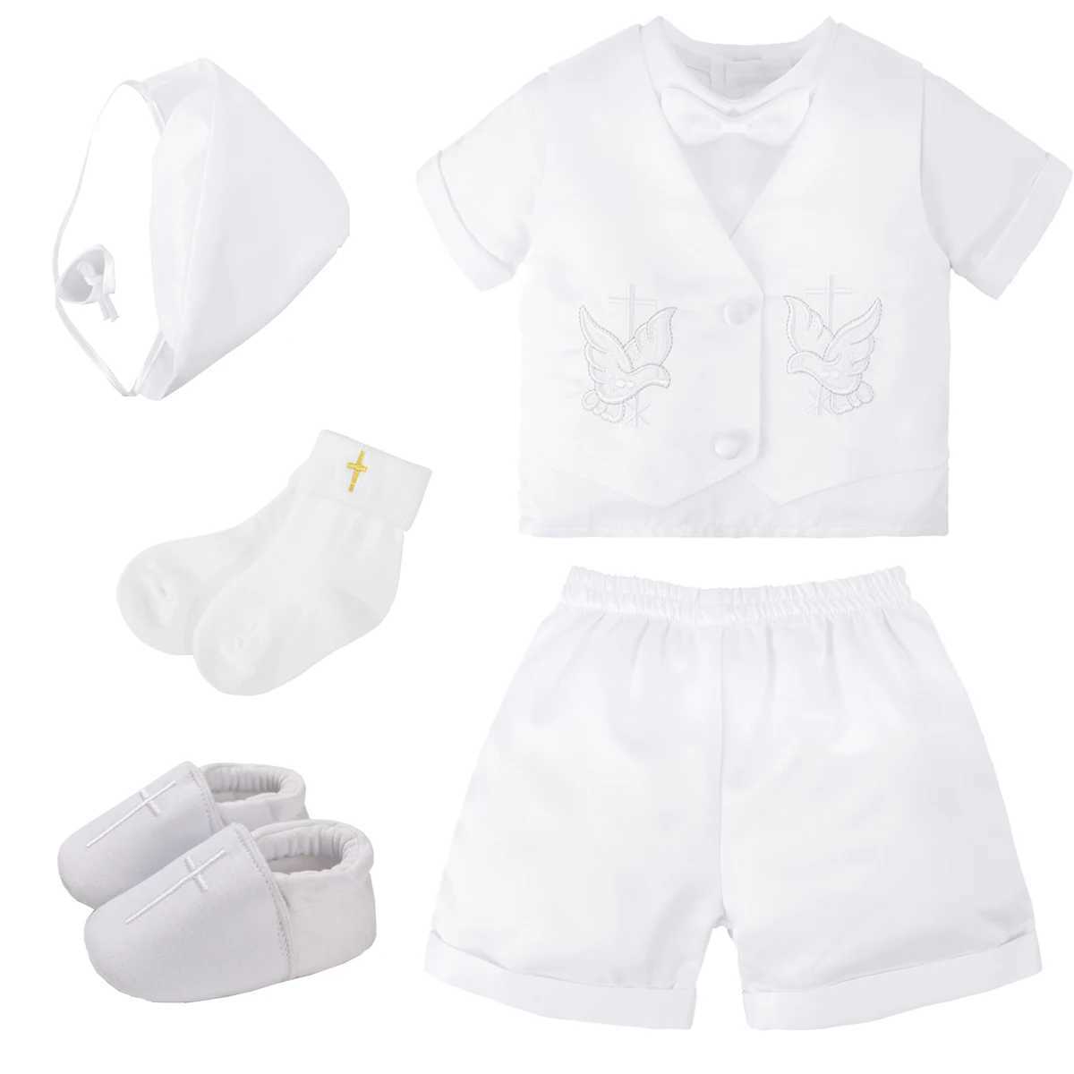 Baby Boy Baptist Set Baby White Cartoon Pigeon Newborn Short Sleeve Bow Tie Top+Shorts+Tank Top+Hat Christmas Costume W240823