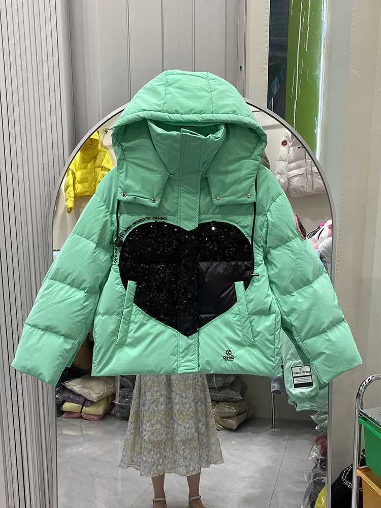 Women's Down Parkas QNPQYX New Detachable Hooded Park Womens Short Fashion Jacket Splicing Glitter Love Winter Inflatable Jacket Y240824W0DJ