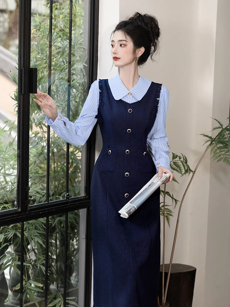 High Quality French Sweet Fall Winter Tweed Tassel Spliced Striped Long Dress Women Doll Collar Buttons Slim Party Clothes 240824