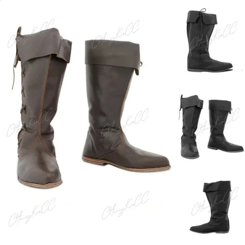 Renaissance medieval role-playing Gothic punk pirate prop shoes PULEATHER KNIGHT high boots mens paladin costume wizard 240823