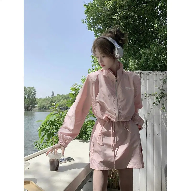 Drawstring Zipper Printed Loose Short Sunscreen Jacket Short Skirt Set Spring/Summer Fashion Two Piece Sets Women Outfits 240823