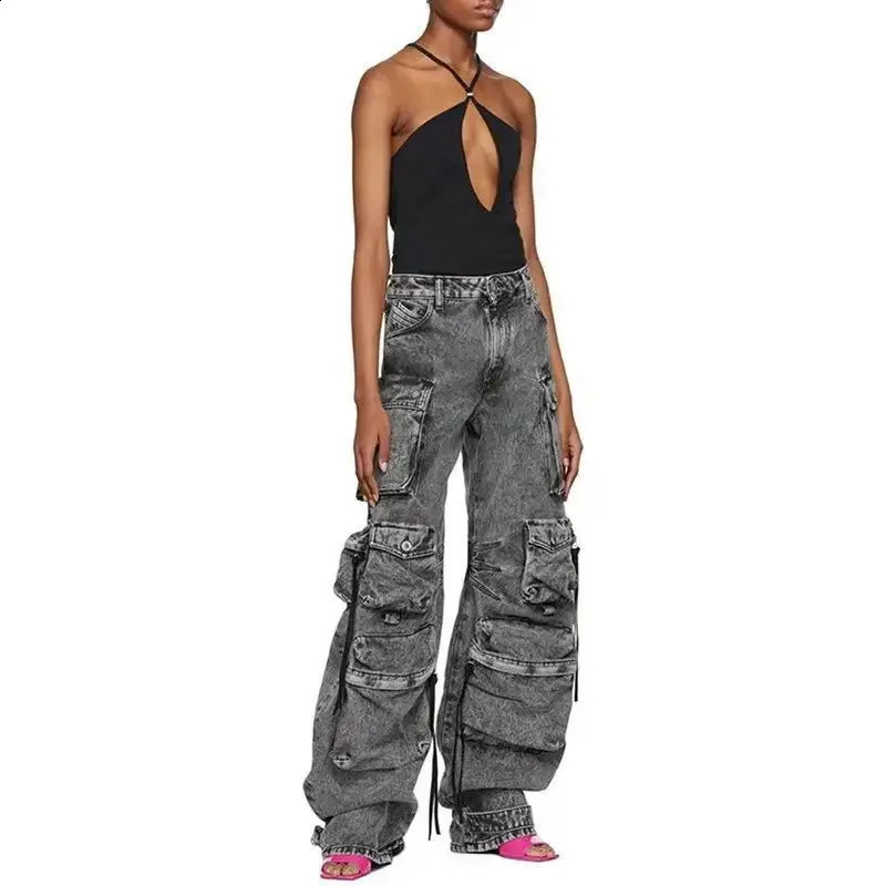 Womens gray jeans with multiple pockets fireresistant long and wide legs street clothing washed denim pants 240823