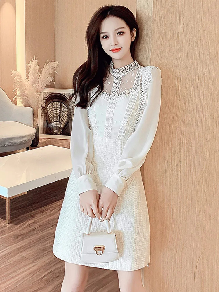 Fashion Women Tweed Dress Autumn Winter Lace Patchwork Lace Chiffon Long Sleeve O-Neck A Line Short Dresses Vestido 240824
