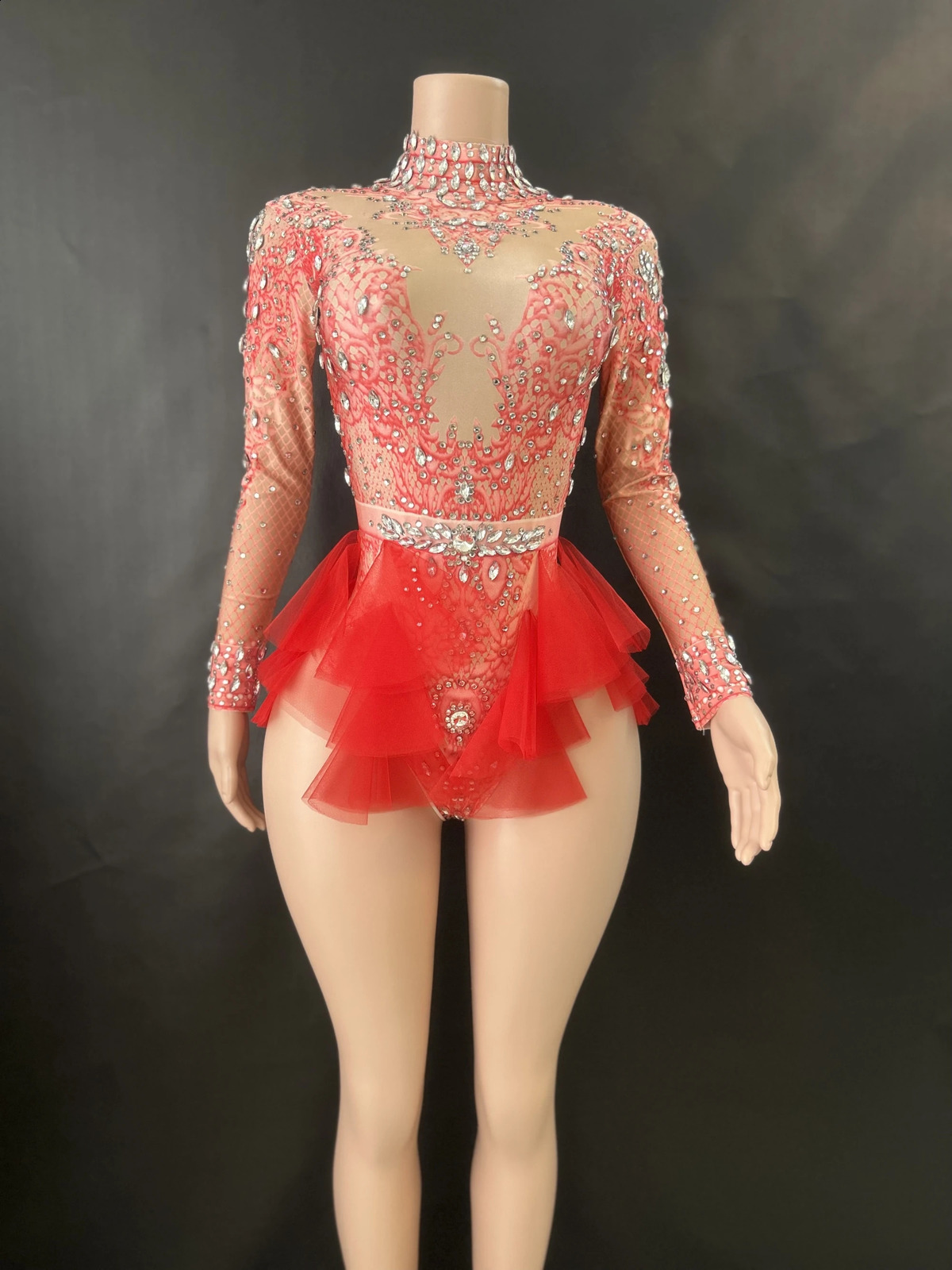 Sparkly Rhinestones Womens Tight Dress Elastic Pink Mesh Ruffle Crystal Nightclub Dancer Stage Party Set 7G w240824