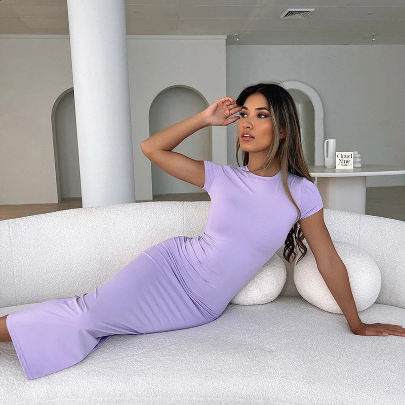 CUTENOVA Women Solid Color Slim Short Sleeve Casual Pullover Sumer Long Dress Skinny Sexy Daily Dress 240823
