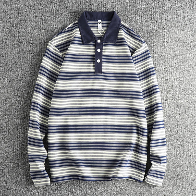 Spring Autumn American Retro Long Sleeve Lapel Knitted Striped Polo Shirt Mens British Fashion Loose Casual T-shirt 240824
