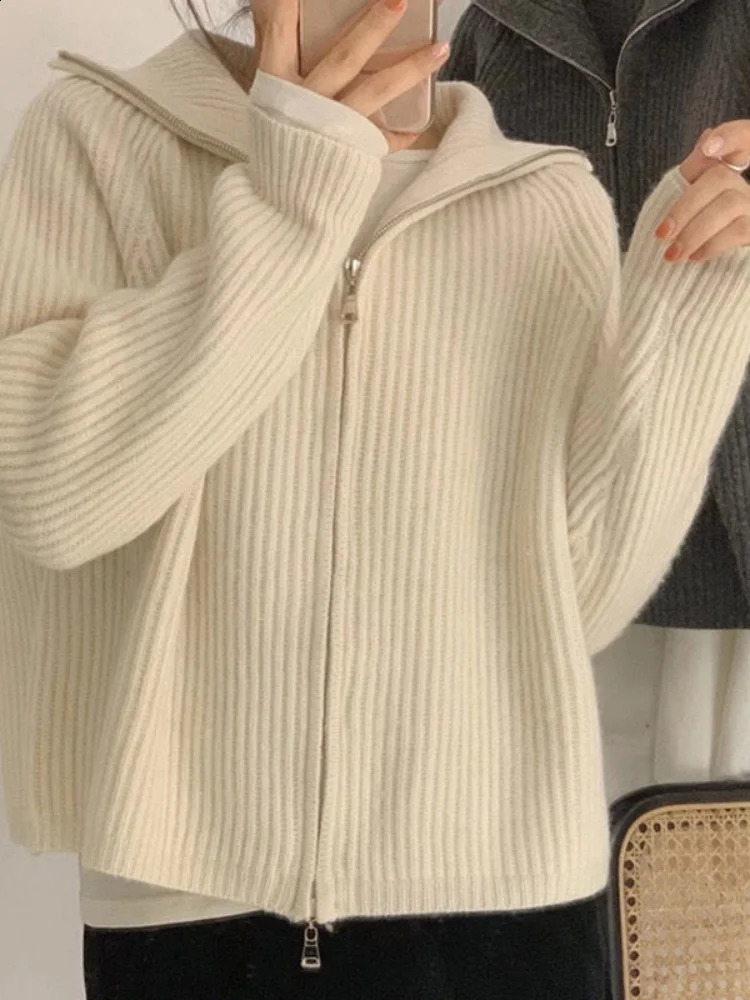Deeptown Casual Knitted Cardigan Sweaters Women Autumn Vintage Zip-up Solid Loose Long Sleeve Tops Knitwear Chic Kpop 240824
