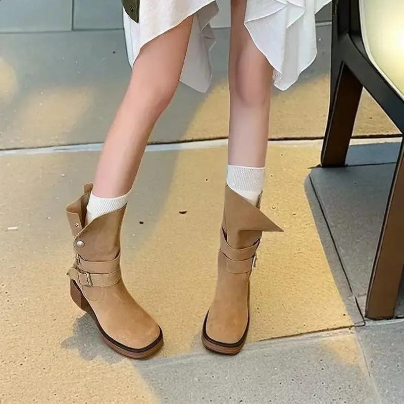 Womens warm boots Western style cow leg boots stacked solid frosted pleated shoes and pedal shoes 240823