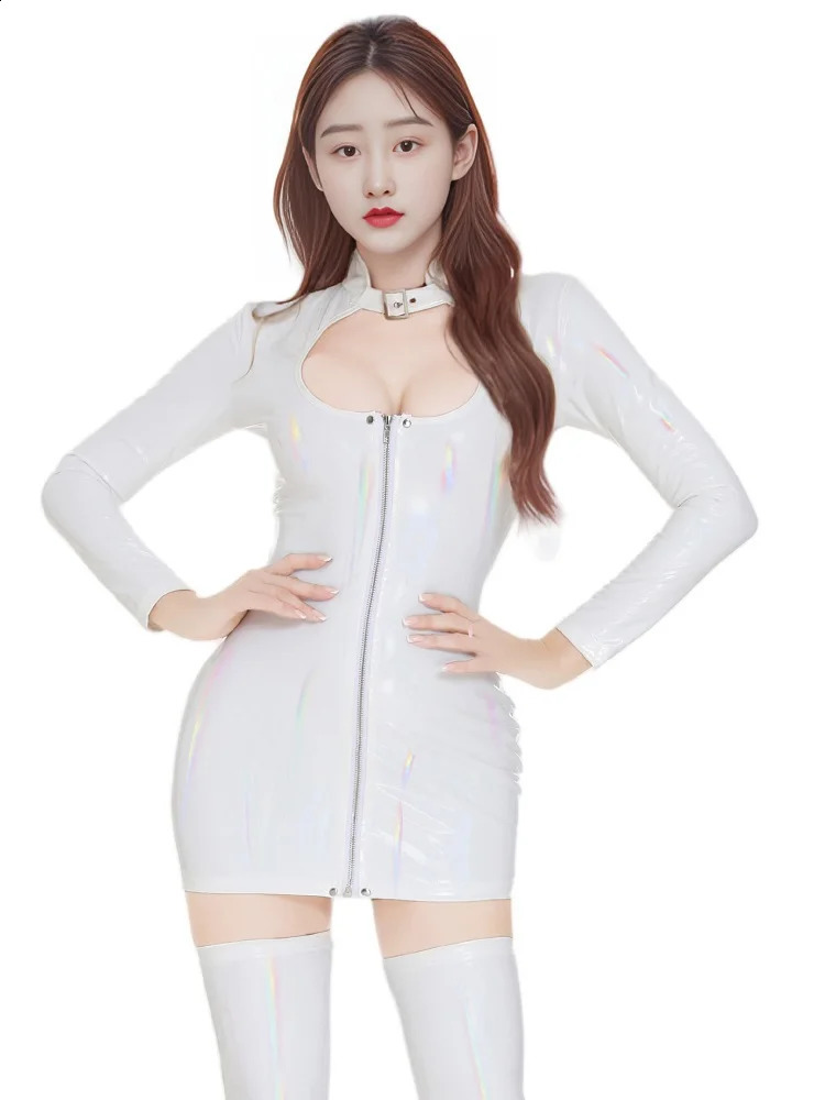 Sexy Chest Hollow Out Dresses for Women Long Sleeved Shiny PVC Latex Faux Leather Micro Mini Dress Nightclub Party Clothing 240823