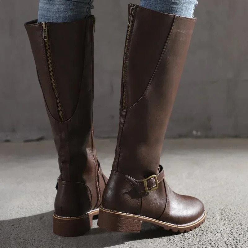 Womens leather knee high boots womens buckle long knight boots womens combat boots womens low boots Plus size 43 240823
