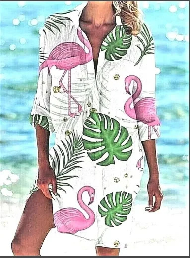 Flower Bird Print Blouse Button Up Long Sleeve Shirt Blouses Women Fashion Long Blouse Bohemian Vocation Shirts Sunscreen Loose 240823