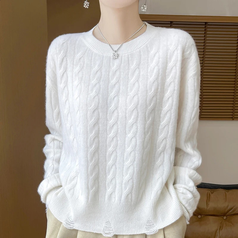 Womens pullover autumn/winter 100% wool sweater casual solid knitted sweater round neck loose Tops all-match distressed Blouse 240824