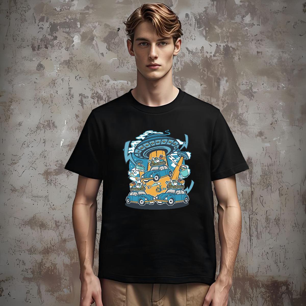 Loose Fit Man T Shirts 230g Cotton UFO Summer Casual Cartoon Print Short Sleeve O-Neck Men Tops Tees Wholesale Polos
