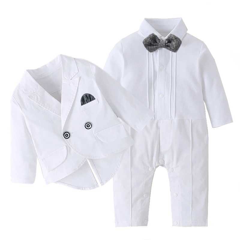 Long sleeved white baby soaking gown boys jumpsuit double chest jacket solid color newborn suit baby autumn suit W240823
