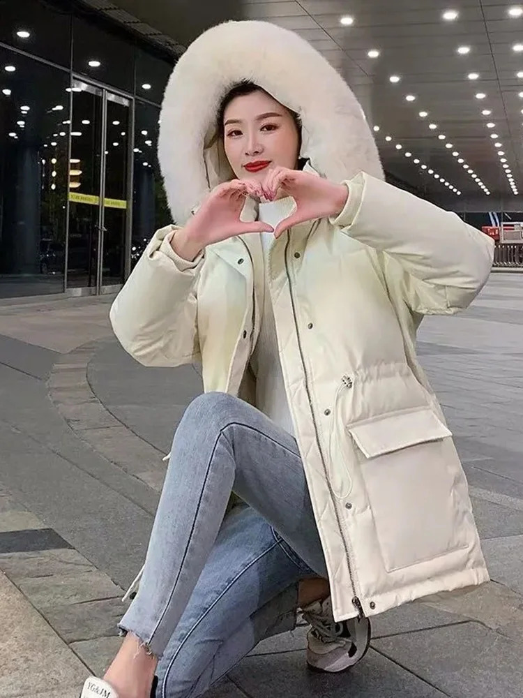 Winter Slim Pink Padded Coat Faux Fur Collar Hooded Parkas Korean Big Size Cotton Jaqueta Waist Drawstring Midi Lenght Jackets 240823