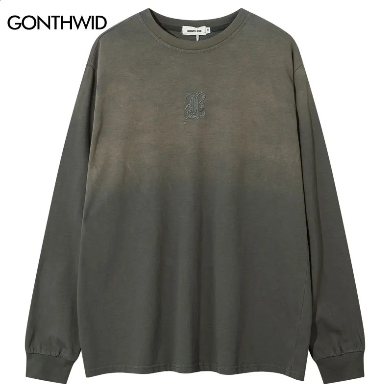 Vintage oversized shirt Y2K embroidered tie dye washed Tshirt streetwear hiphop punk gothic pocket cotton long sleeved 240823