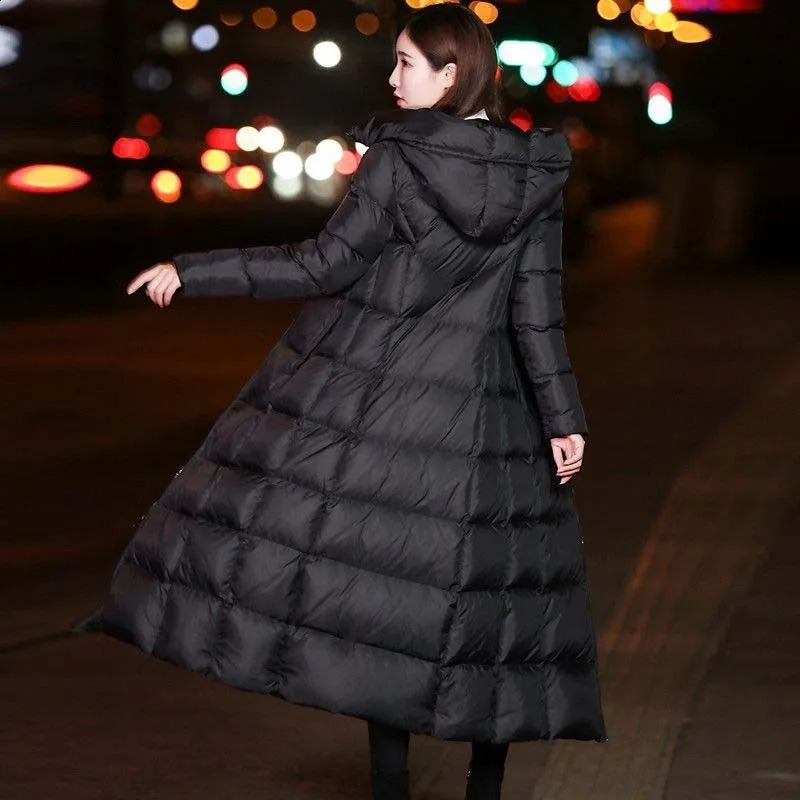 Long cotton jacket black womens winter puff elegant hooded retro streetwear thick warm and casual park 240823