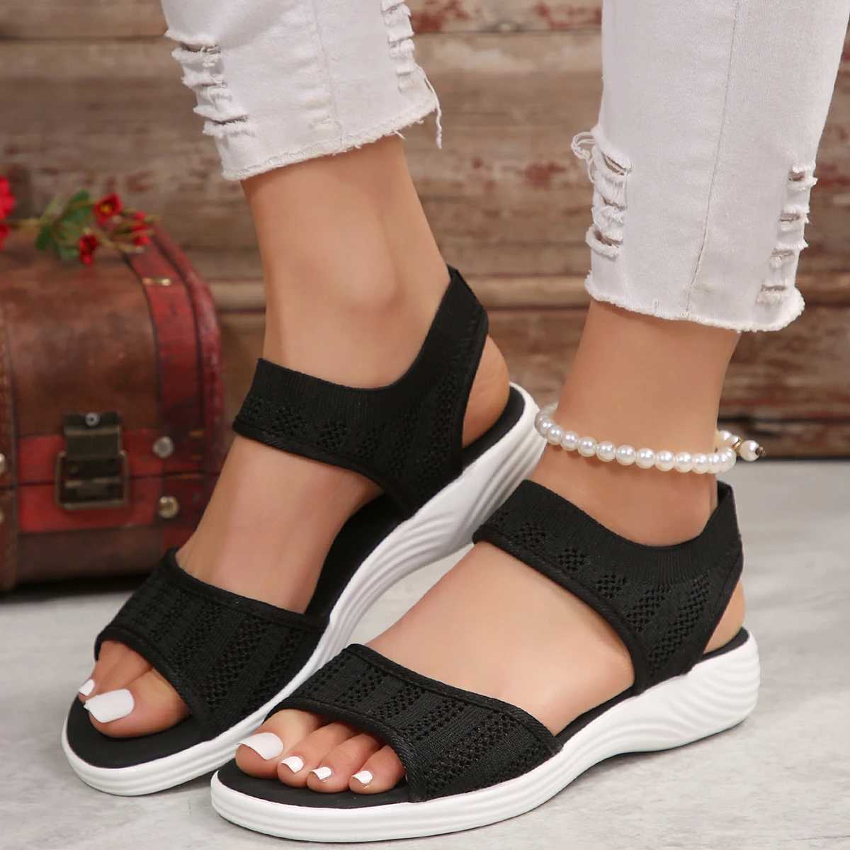 New Arrival Womens knitted elastic fabric wedge sandals slide on lightweight walking sandals comfortable size summer sports sandals T250318