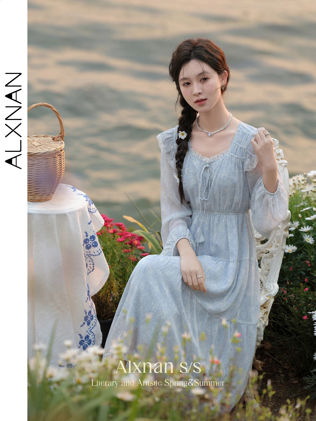 ALXNAN Women Spring Frenchy Ditsy Floral Tierred Dress Female Chic Lace Trim Long Sleeve Elastic Waist Dresses Woman L33762 240824