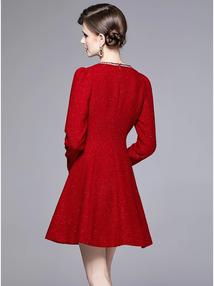 Fashion Runway Small Fragrant Red Tweed Dress Womens V Neck Long Sleeve Weave Woolen Vintage Buttons Mini A Line Vestidos 240824