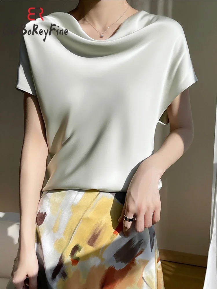 Elegant Womens Tshirt Summer Satin Short Sleeve Swinging Neck Basic White Shirt Office Casual Top 240823