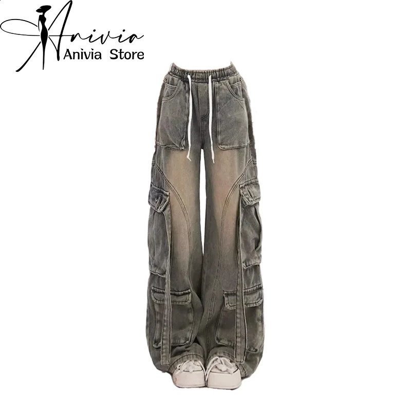 Womens Y2k freight jeans Japanese 2000s style streetwear Harajuku Korean bagged Trouser retro garbage clothing 240823