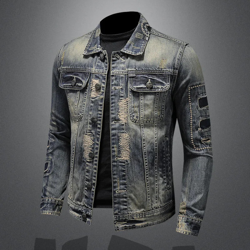 SpringSummer Fashion Trend Tear Vintage Jeans Jacket Mens Casual Loose Comfortable High Quality Plus Size 240824