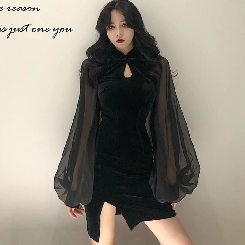 Autumn Womens Cheongsam Dress Side Split Lantern Sleeve Slim Fit Long Sleeves Dress Mandarin Collar Y2K 240823