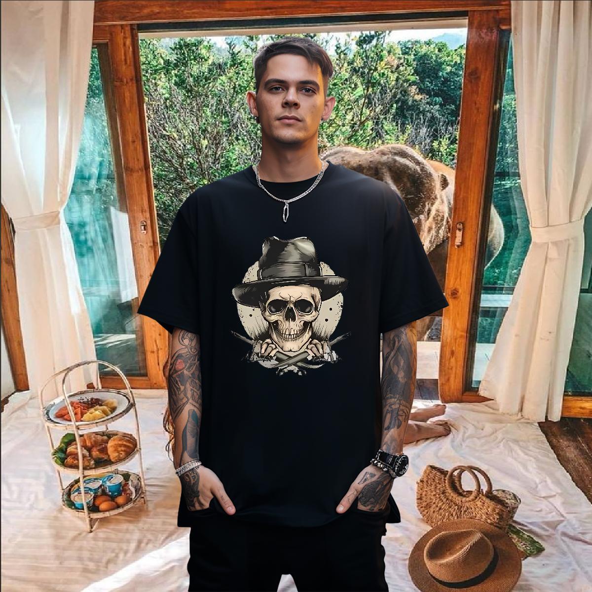 Popular T Shirt For Man 100% Cotton 230g skull Daily Outfit Oversized O Neck Short Sleeves Tshirts 2024 Designer Tops