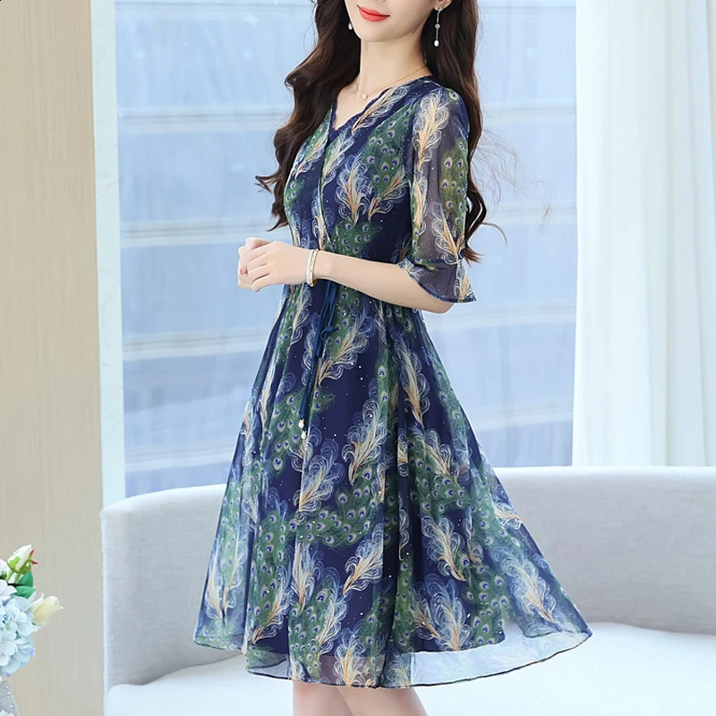 Women Clothing Summer Fashion Print Lace Patchwork with Belt Elegant Dresses V Neck Half Sleeve High Waist Slim Midi Dress 240824