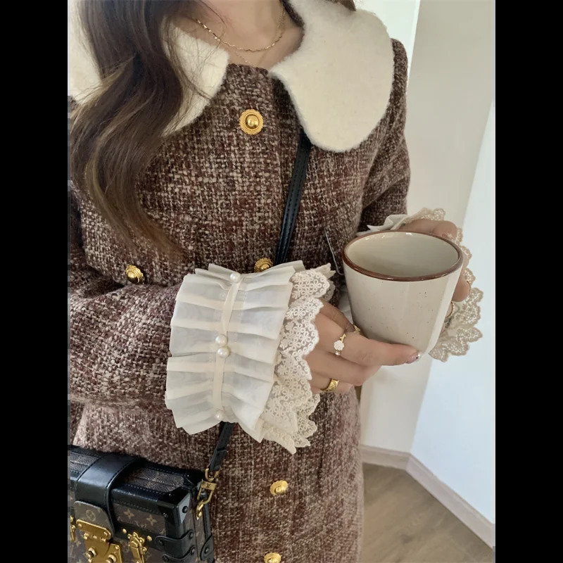 Tweed Doll Collar Loose Patchwork Dress Women Small Fragrance Thick Warm Elegant Chic Fashion French Female Long Sleeve Dress 240824