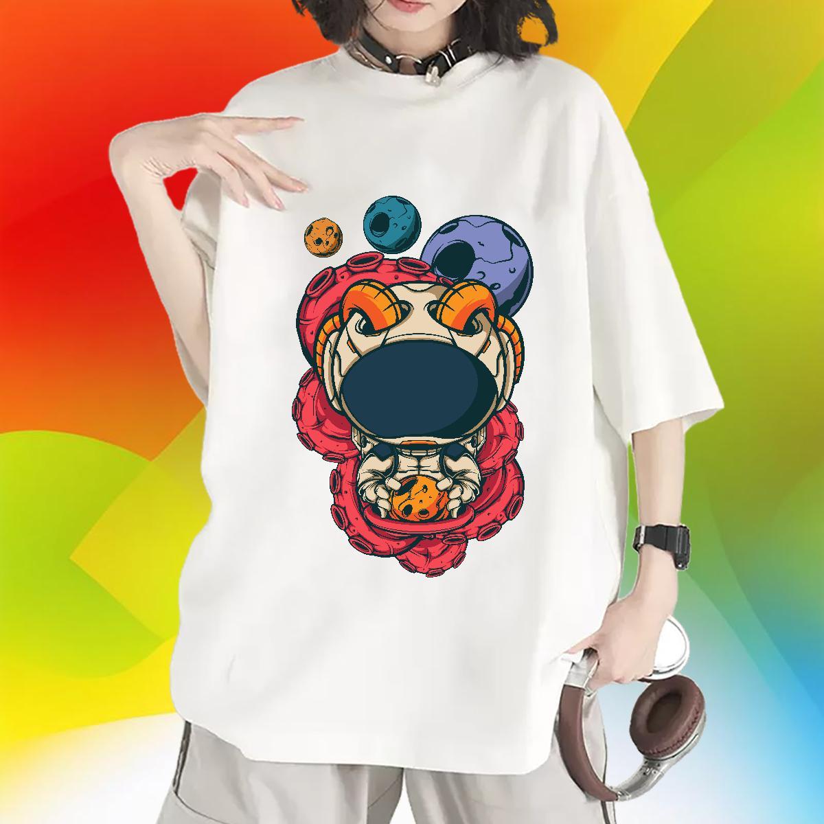 Lady Couples T Shirts 230g Cotton cosmonaut Daily Wear Women T Shirts Breathable Short Sleeve Black Oversized Tee Shirt