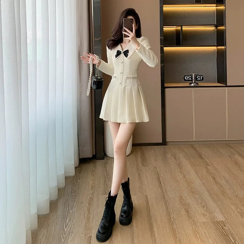 GkyocQ Fall and Winter Celebrity Small Perfume Style French Elegant Sweet Bow Tweed Lapel Collar Long-sleeved A Line Dress 240824