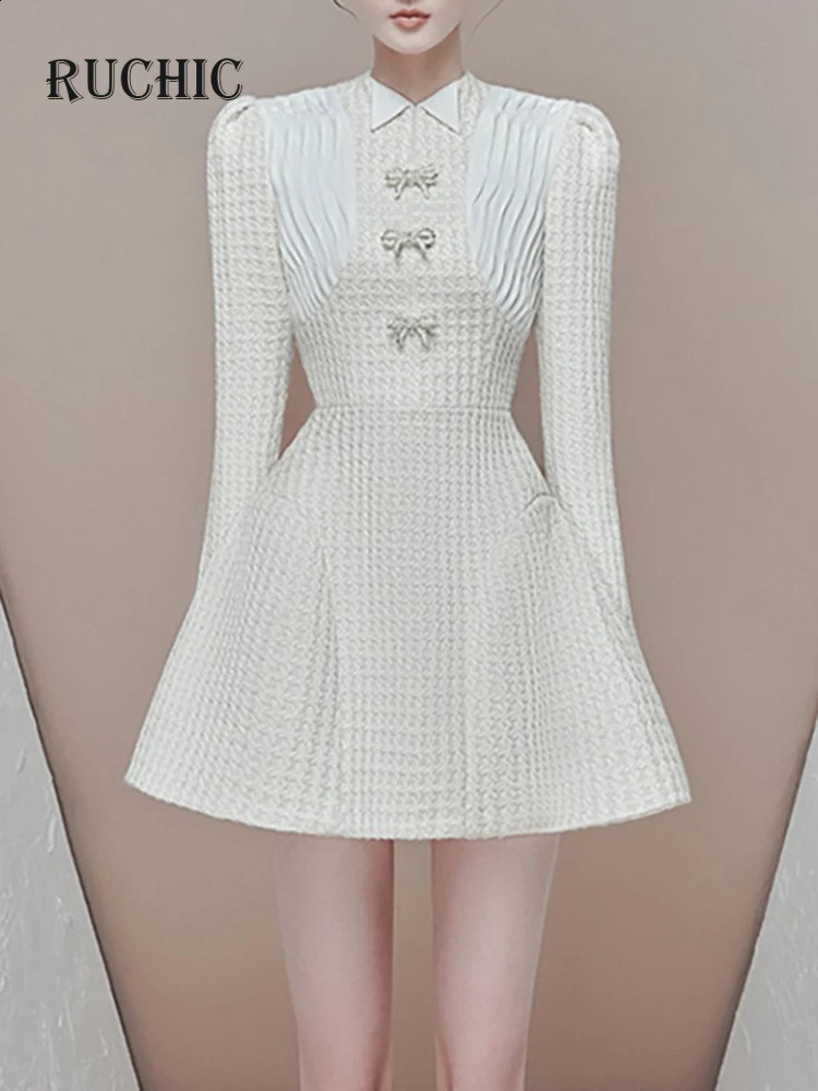RuChic Autumn Tweed Spliced Bow Long Sleeve Womens Dress Solid Color Zipper O-neck Elegant Mini Party Dress 240824