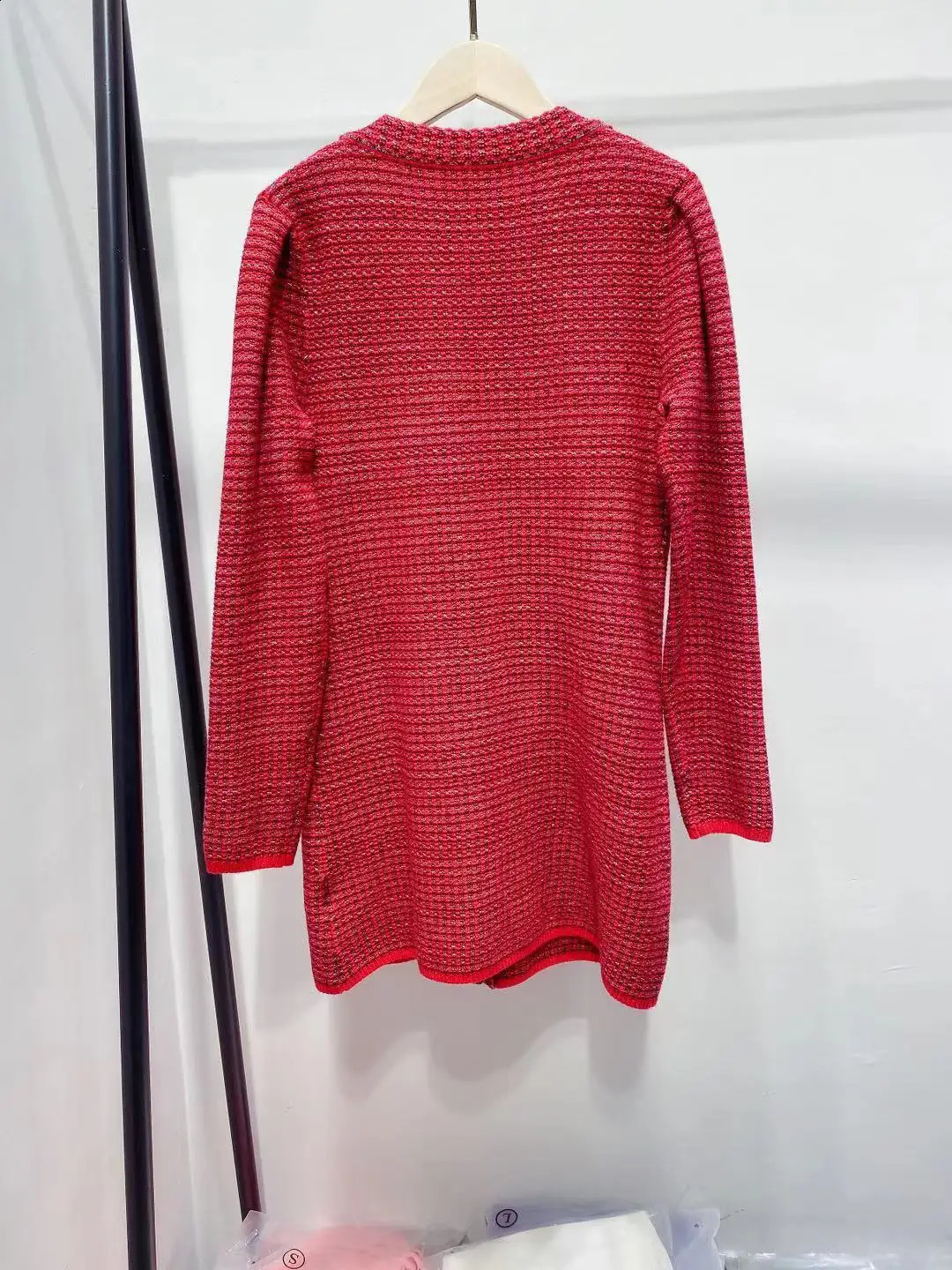 Elegant Lady Red Tweed Dress Vintage Four Pocket Long Sleeve Knit Dress Spring Casual High Waist Woolen Vestidos for Women 240824