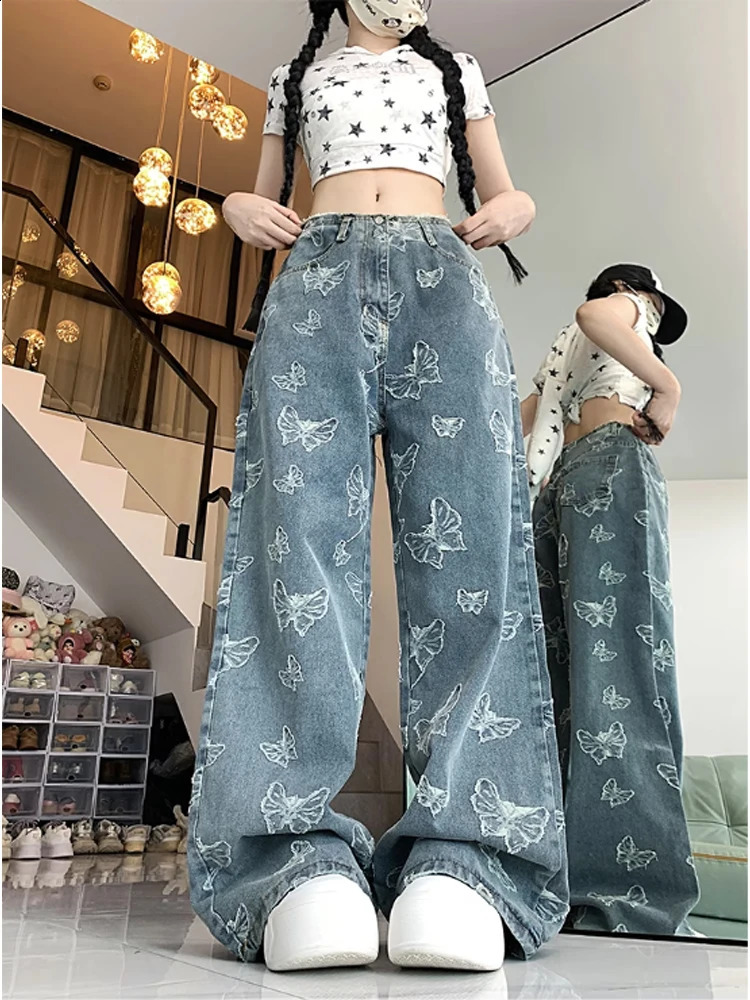 Womens Blue Jeans Harajuku Y2k 2000s 90s Fashion Street Clothing Pocket Denim Trouser Butterfly Retro Garbage 240823