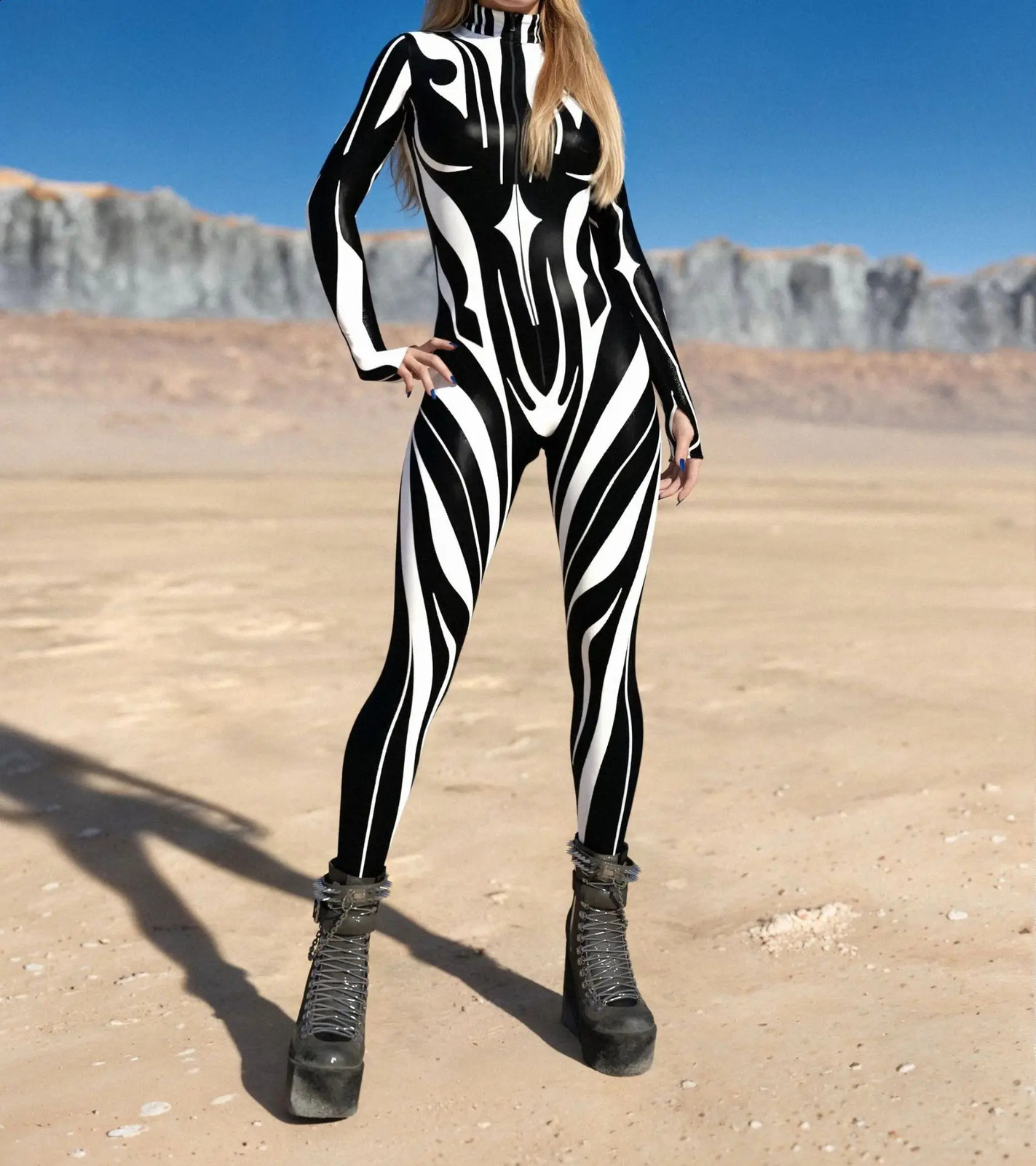 Online black and white art striped jumpsuit holiday party roleplaying costume Halloween display womens tight fitting suit performance Zentai set 24082